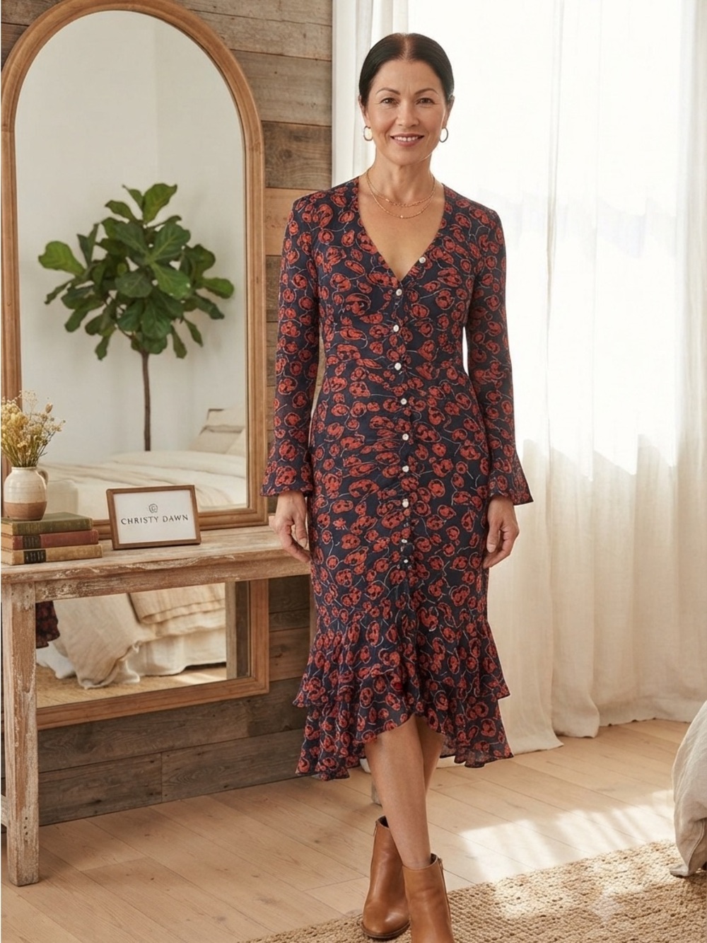 Christy Dawn Navy red Floral Button-Front Midi Dress